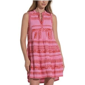 Elan Charli Pink Red Embroidered Boho Tiered Sleeveless Mini Dress Sz-S E5